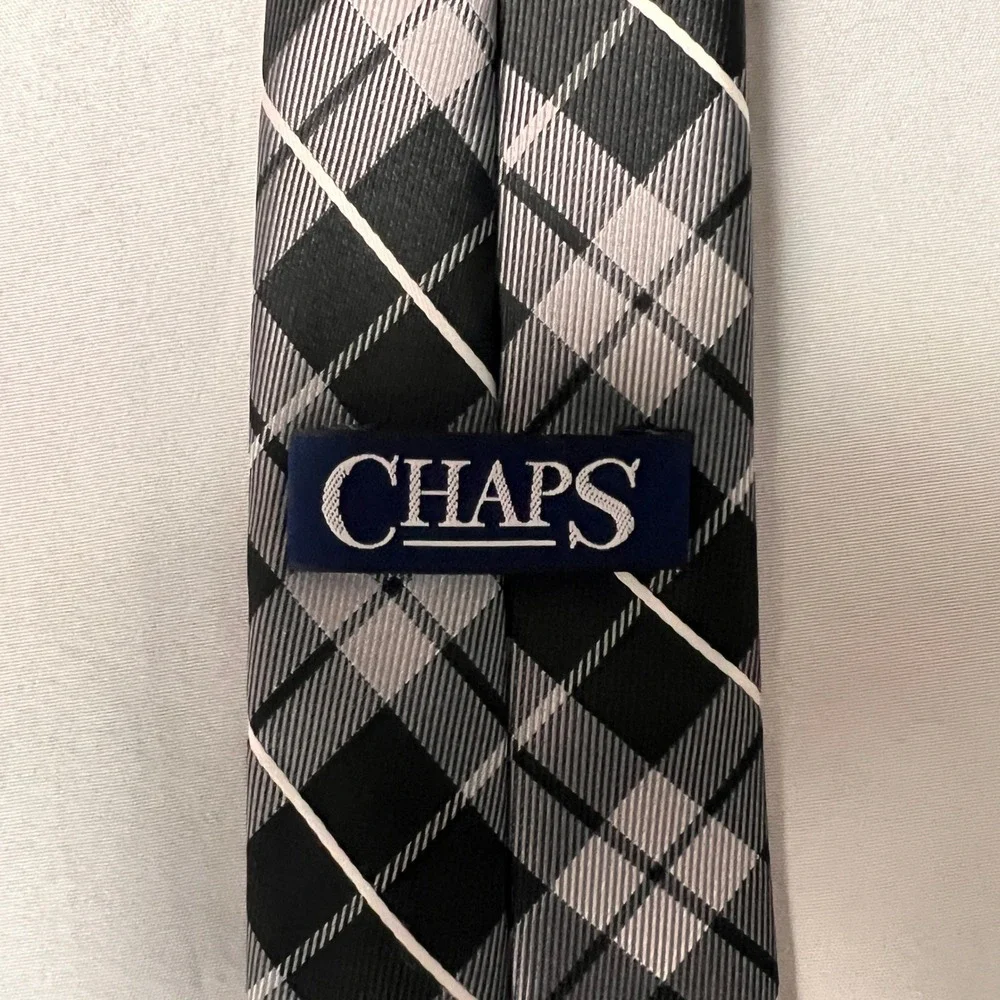 Chaps Men Plaid Necktie Black Grey White Checkered Polyester Formal Tie Standard